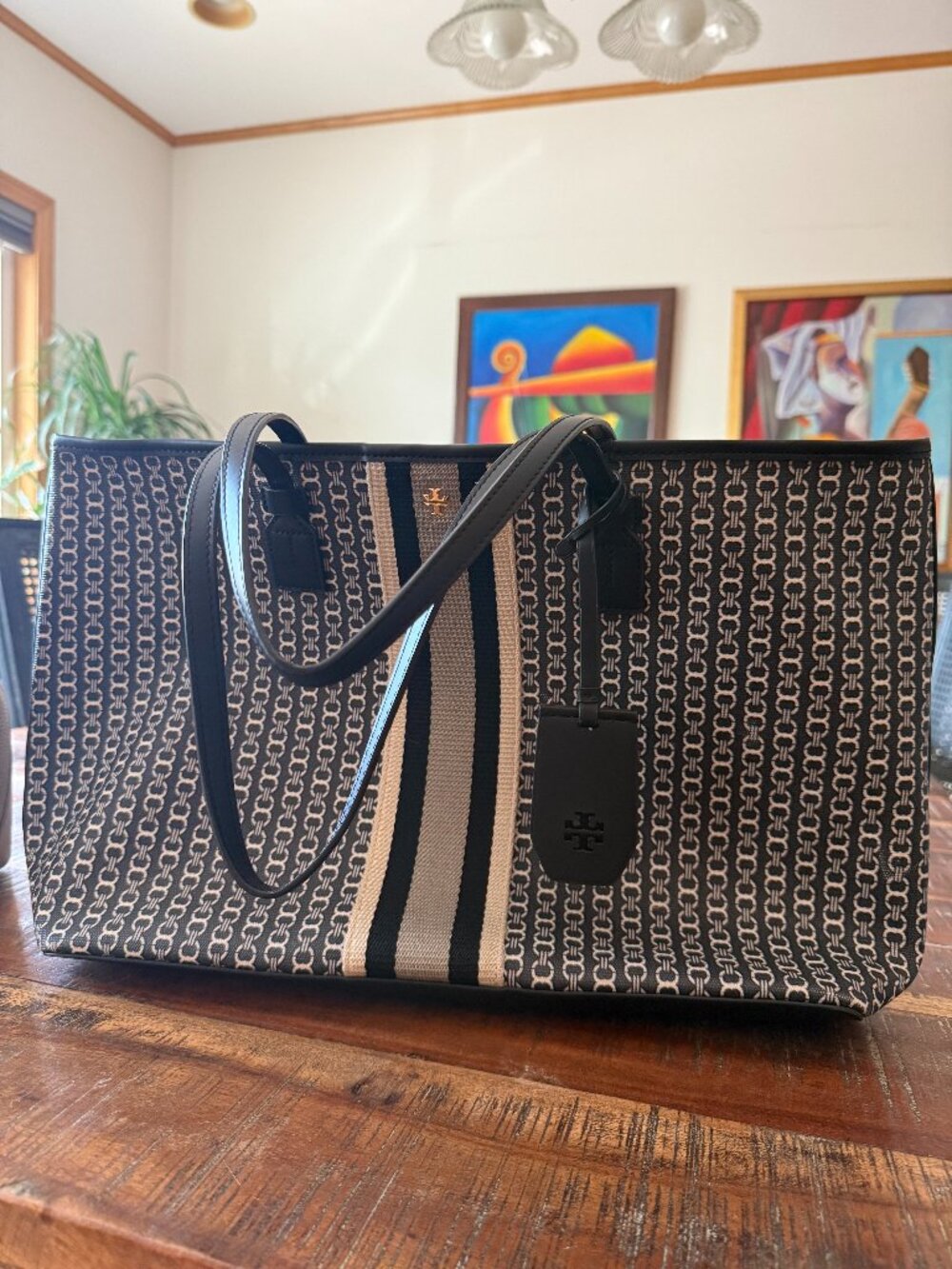Tory Burch Gemini Link Large Tote Black Ivory Canvas
